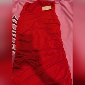 Vibrant Red Halter Ruched Midi Dress